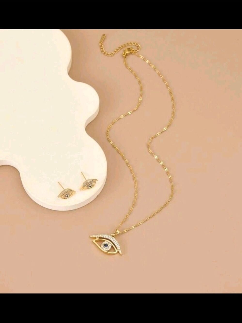 Gold Evil Eye Necklace Earrings Set - Picture 3 of 4
